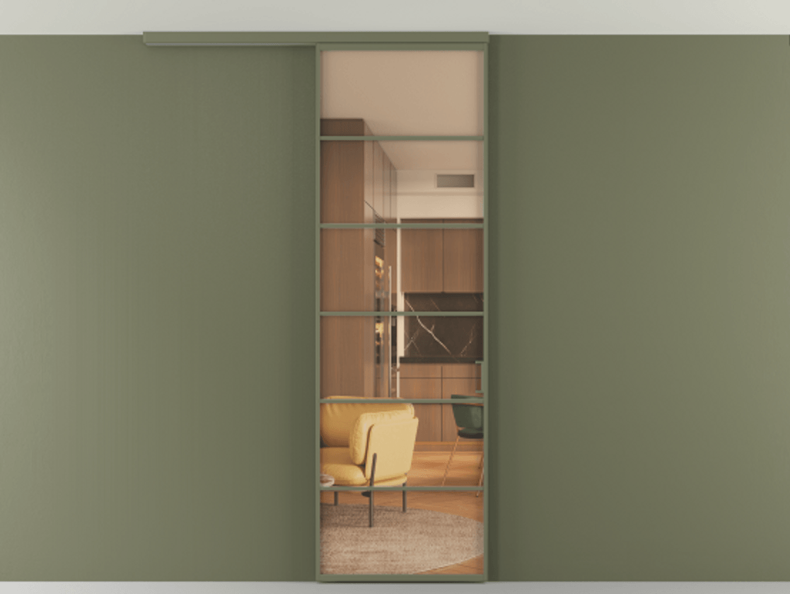 Перегородка Формато вдоль стены на потолок 1 створка АЛПР 040.04 Алюминий оливковый тёмный Прозрачное оранжевое стекло, триплекс Цена 107852 ₽ | Volhovec