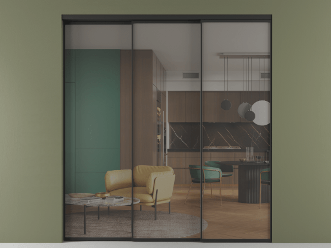 Перегородка Формато внутри проёма 3 створки с синхронным механизмом АЛПР 040.01 Алюминий Черный Прозрачное серое стекло, триплекс Цена 355900 ₽  | Volhovec