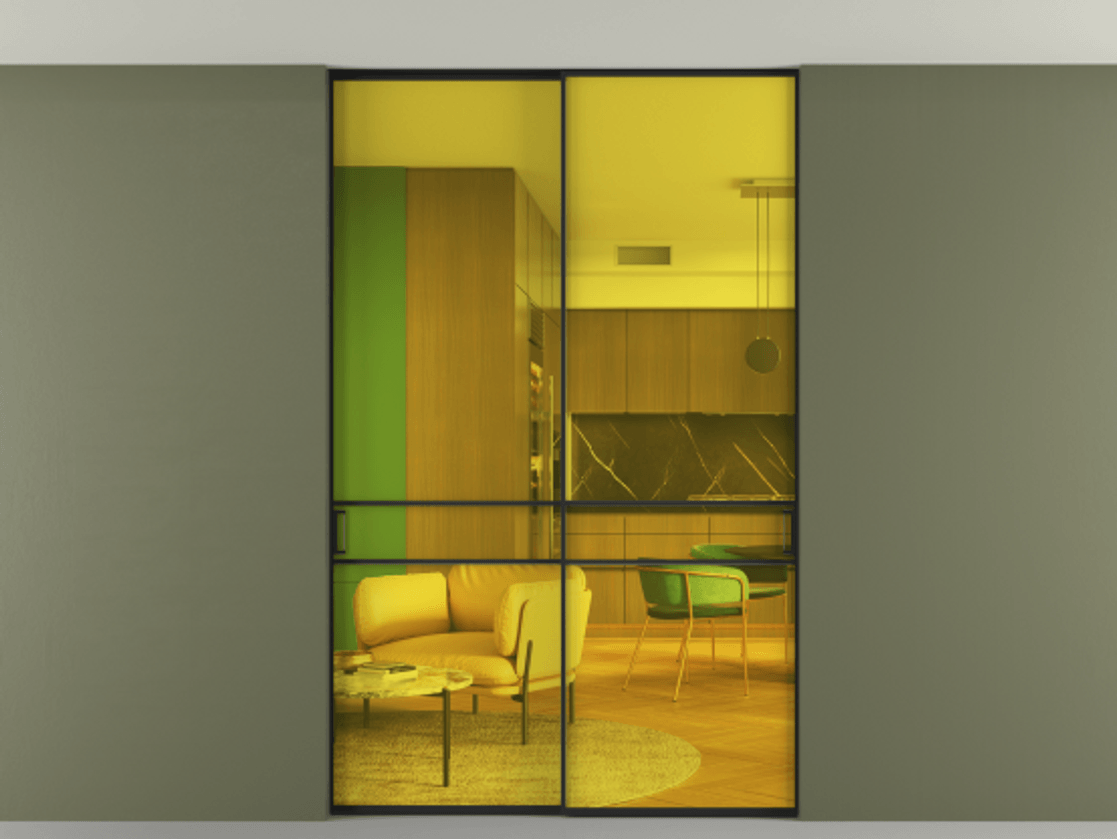 Перегородка Формато внутри проёма скрытое крепление в потолок 2 створки АЛПР 040.02 Алюминий Черный Прозрачное жёлтое стекло, триплекс Цена 250140 ₽ | Volhovec