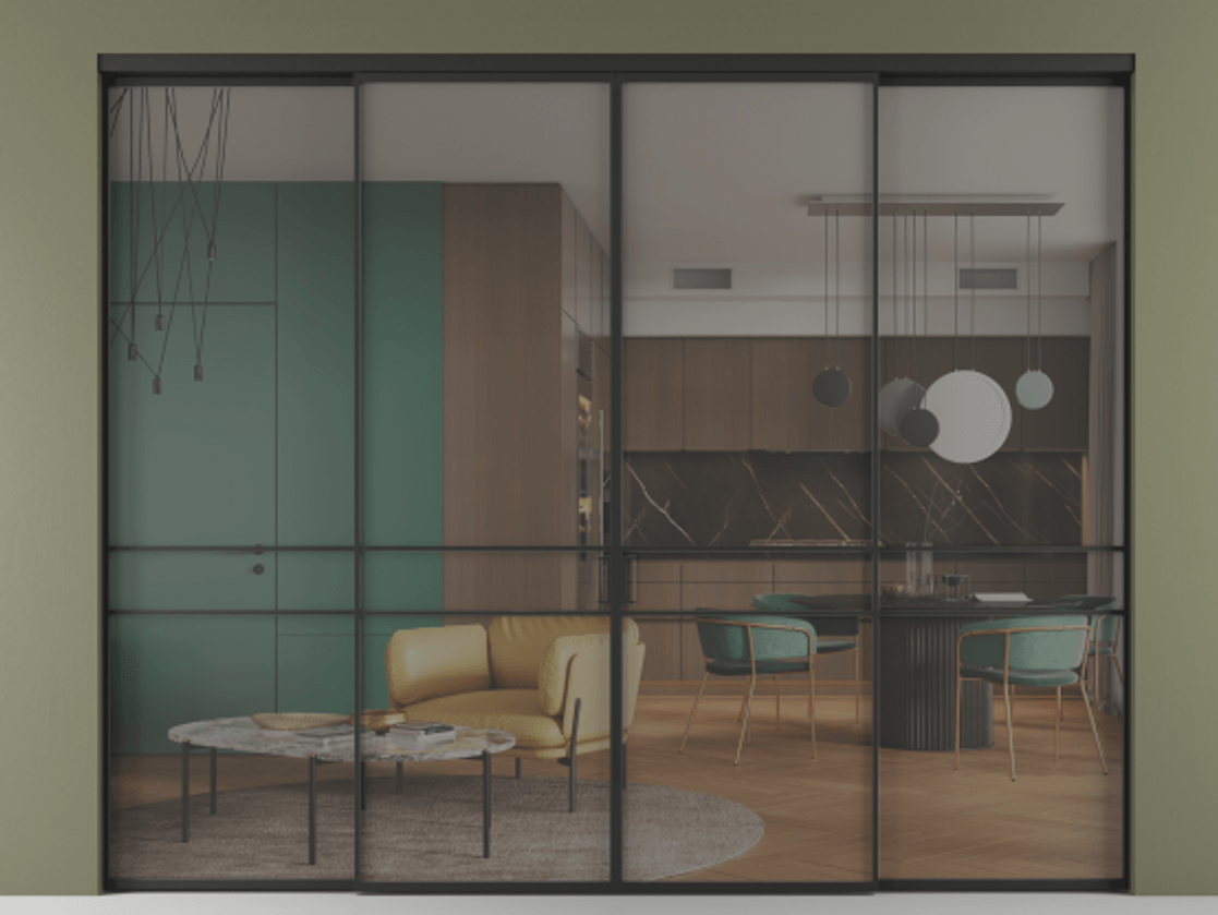 Перегородка Формато внутри проёма 4 створки АЛПР 040.02 Алюминий Черный Прозрачное серое стекло, триплекс Цена 381200 ₽  | Volhovec